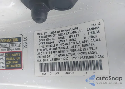 2013 Honda Civic Lx from USA, damaged, VIN 2HGFG3B53DH515240